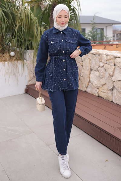 İmajButik Lacivert Taşlı Ceket Pantolonlu Takım