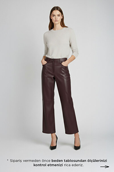 Deriderim Bordo Nora Hakiki Deri Geniş Paça Kadın Pantolon