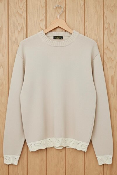 İmajButik Stone Crew Neck Knit Sweater with Guipure Detail on Sleeves and Hem