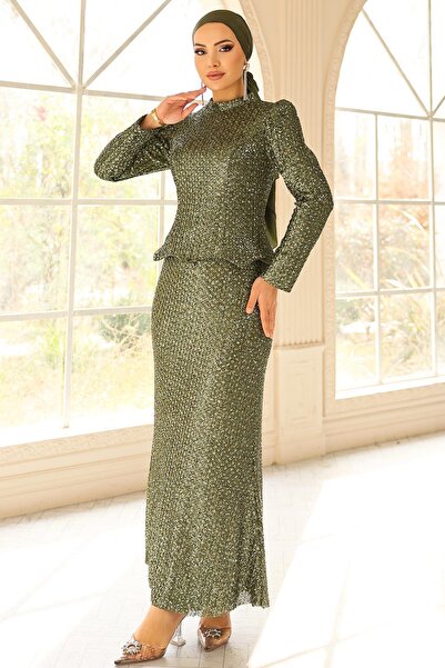 Olcay Pailletten-Hijab-Abendkleid mit Schnürdetail am Rücken GRÜN 1059