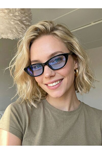 VEGA EYEWEAR Aventino Siyah Çerçeve Mavi Cam Çekik Cat Eye Minik Çekik Trend ...