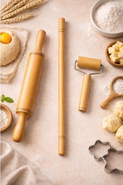 Kitchen Beauty Ahşap 3'lü Oklava Merdane Seti Hamur Açma Rulo Merdanesi