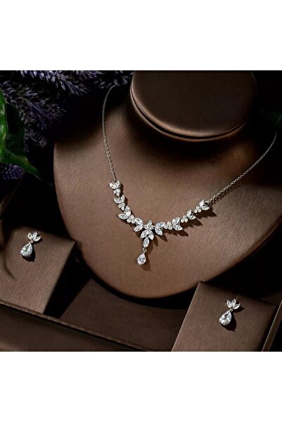 VİYA Sevgililer Günü Hediyesi Lily Zirkon Taşlı Takı Seti Kolye Küpe Hediye S...