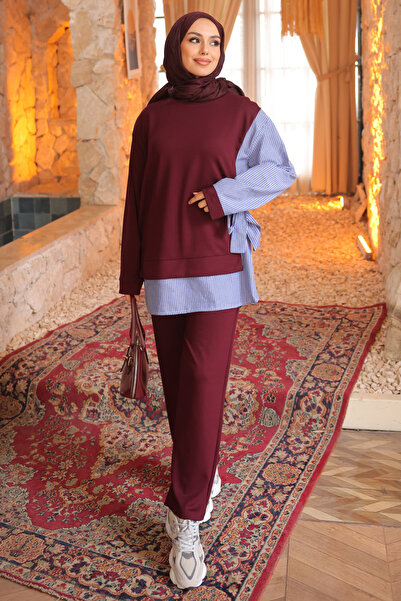 İmajButik طقم بنطال تونيك مشروط برباط جانبي باللون العنابي