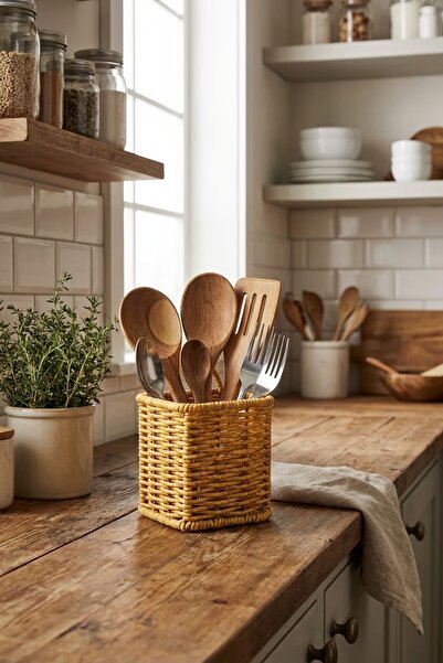 Buffer ®   حامل أدوات مائدة من البلاستيك المنسوج بنمط الخيزران - متعدد الاستخ...