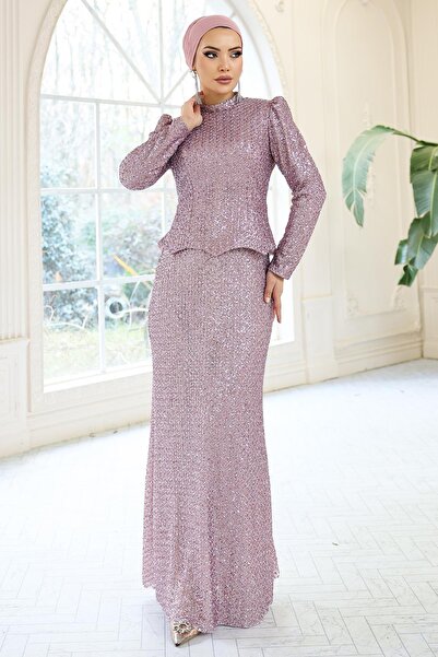 Olcay Pailletten-Hijab-Abendkleid mit Schnürung am Rücken LILA 1059