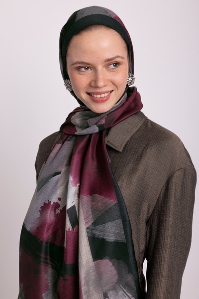 Ayshara شال منقوش بفرشاة من جانب واحد - أحمر كلاريت وأسود