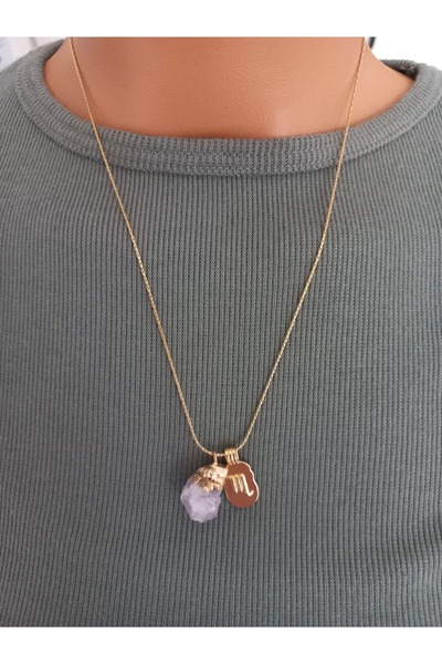LemaStone Başak burcu ile uyumlu ham ametist doğal taş çelik kolye