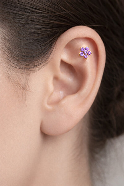 Sacce Scarves&Accessories Mor Çiçekli Helix Piercing Kıkırdak Lob Gold Renk
