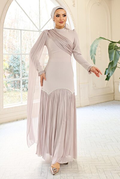 Olcay Krepp-Yoryo-Seiden-Kombinations-Hijab-Abendkleid mit Perlenfalten-Detai...