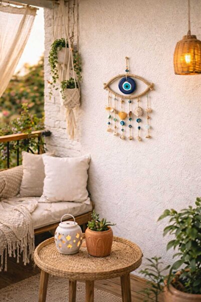 Evil Eye Beaded Wicker Shell Wall Ornament Wind Bell 11319