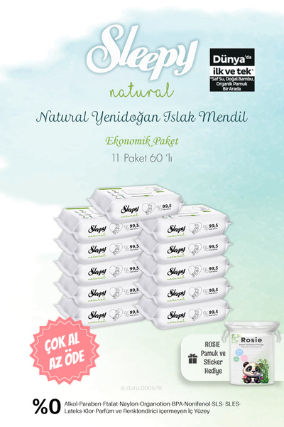 Sleepy 11 Paket Natural Yenidoğan Islak Havlu 60'lı Ve Rosie Pamuk Hediye