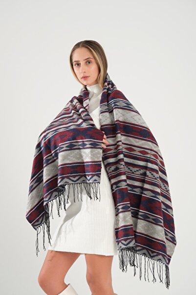 Deafox Bordo 70x180 Cm Püskül Detay Kendinden Desenli Omuz Şalı