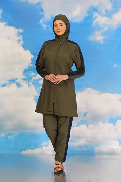 Akbeniz ملابس سباحة حجاب نسائية باللون الكاكي - أكمام مخططة، بنطلون 31066