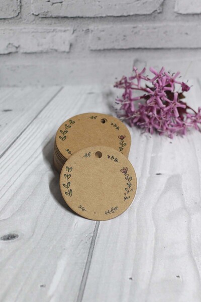 Vice Kraft Yaprak Baskılı Etiket / Düğün-nişan-nikah Hediye Etiketi / Yuvarlak 40 Adet (5 Cm)