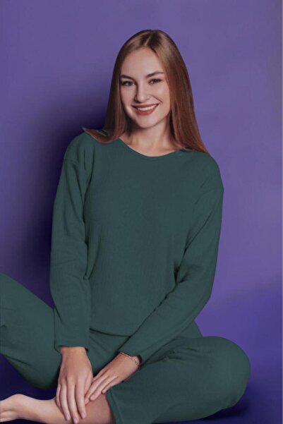 ARMİLLİA DİMODA Set pijamale pentru femei verde închis cu nervuri și interior