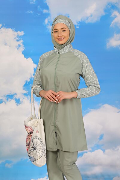 Akbeniz ملابس سباحة بنطال حجاب كامل منقوش باللون الأخضر المائي - 31072