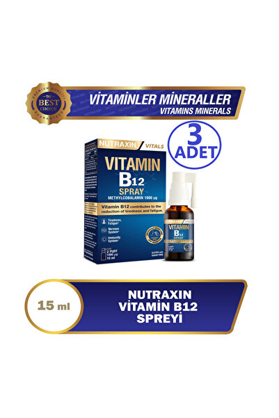 Nutraxin Vitamin B12 Sprey 3x15 ml (Metilkobalamin Formlu, Vegan, Hızlı Emili...