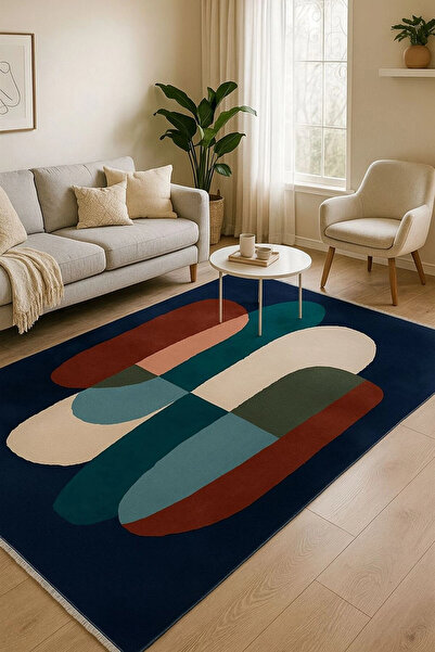 BLGHOME LACİVERT RENKLİ GEOMETRİK DESEN TASARIM MODERN HALI DEKORATİF KİLİM