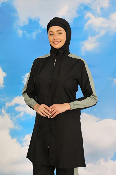 Akbeniz ملابس السباحة النسائية ذات الأكمام المخططة والحجاب الكامل باللون الأس...