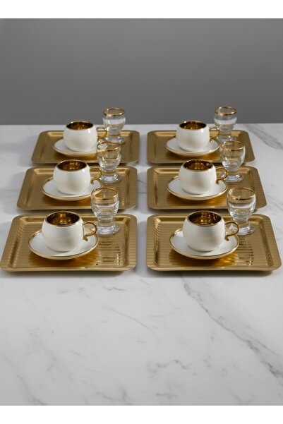 SİNİ Paslanmaz Çelik 6 Adet Kare Lüx Desenli Gold Ad-15 Kahve, Çay Sunum Serv...