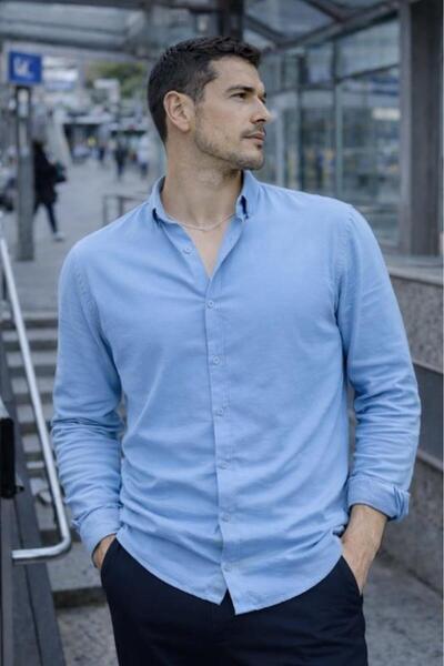 Valiberta Scott – Soft Textured Half Oversized Modern Men's Shirt - Cool Blue