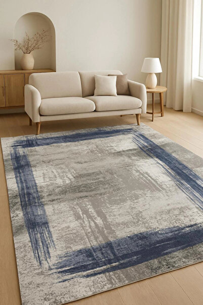BLGHOME GRİ ZEMİN MAVİ ÇERÇEVE MODERN HALI DEKORATİF KİLİM
