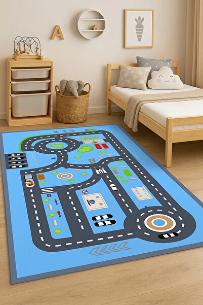 BLGHOME MAVİ VE GRİ RENK ŞERİTLİ YOL ÇOCUK ODASI HALISI