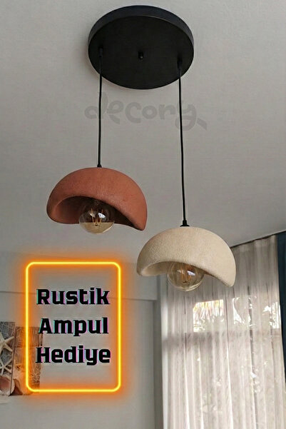 decory Beton Görünümlü 2'li Sarkıt Avize, Bohem Sarkıt Avize (Rustik Ampul He...