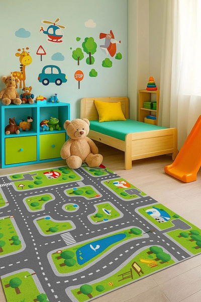 BLGHOME YEŞİL RENK ŞERİTLİ YOL ÇOCUK ODASI OYUN HALISI