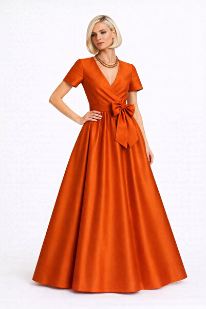 ALYEL NAKER Kruvaze Kapamalı & Kuşaklı Turuncu Tafta Maxi Elbise