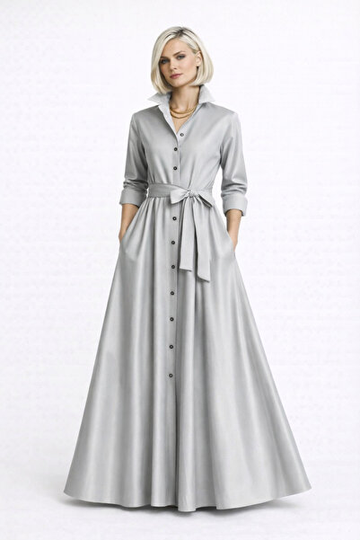 ALYEL NAKER Seyyar Kuşaklı & Önden Düğmeli Açık Gri Tafta Maxi Gömlek Elbise