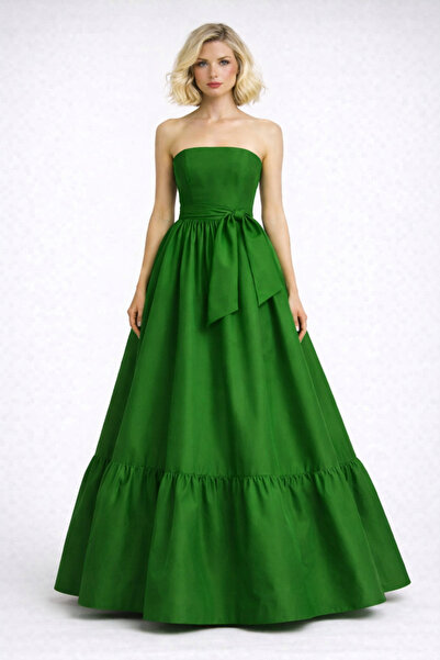 ALYEL NAKER Kuşaklı & Etek Ucu Fırfırlı Yeşil Tafta Maxi Straplez Elbise