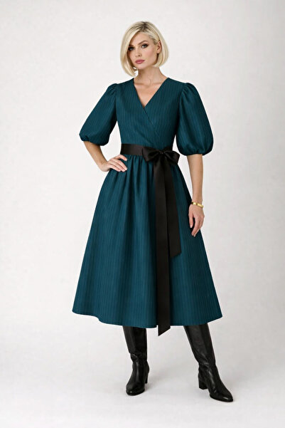 ALYEL NAKER Striped Patterned & Double-Breasted Closure Midi Taffeta Dress