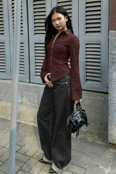 Hola Lady Brown Long Sleeve Bodycon Shirt Hl150