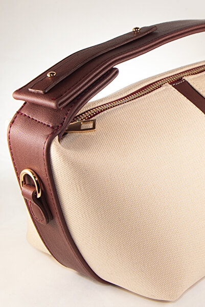 ALURA LUXE Krem Bordo Detaylı Şeritli Canvas El ve Omuz Çantası -Kişiselleşti...