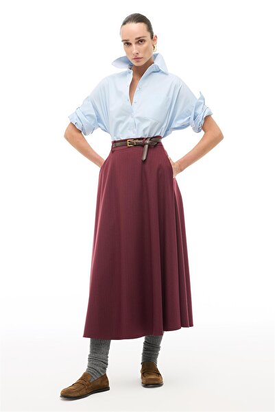 Perspective Burgundy High Waist Striped Ankle Length Skirt