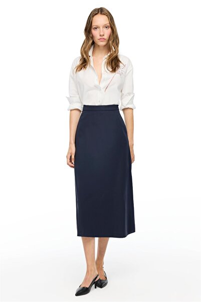 Perspective Navy Blue Gemas Regular Fit High Waist Midi Length Skirt