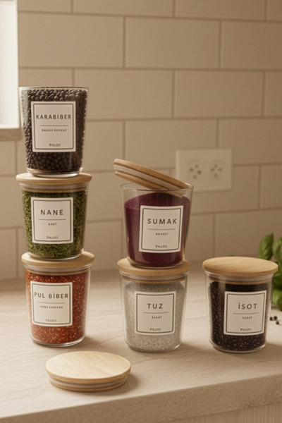 Fhilli موتو - طقم حاويات تخزين زجاجية للتوابل مع 6 أغطية من الخيزران وملصقات ...