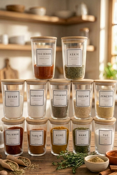 Fhilli Motto Plus - Set of 12 Bamboo Vacuum Lids Labeled Glass Storage Contai...