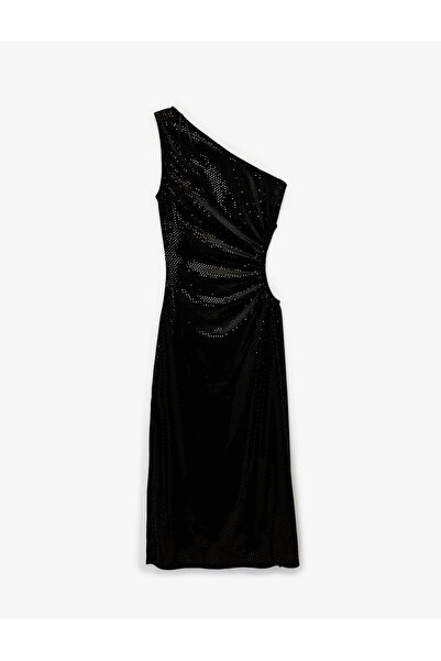 Koton Kolsuz Kayık Yaka Slim Fit Metal Aksesuarlı Payetli Midi Abiye Elbise