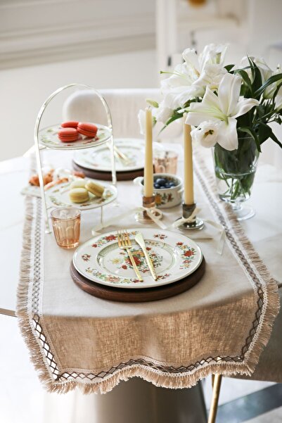 NEEDLE Beige Keten Runner Püsküllü (120x50)