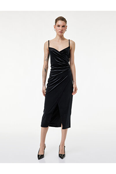 Koton Βραδινό φόρεμα με βελούδινο μίντι σλιπ με λάμψη με λουράκια D ντραπέ K ...