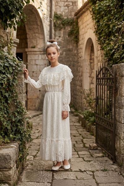 HÇ Hülya Çelik KİDSWEAR 2018 Beyaz Dantel Kız Çocuk Elbisesi Uzun Kollu Zarif...