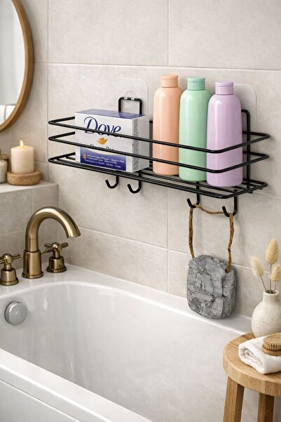 MayCap Tekli Yapışkanlı 4 Kancalı Mat Banyo Rafı Şampuanlık Duşakabin Siyah