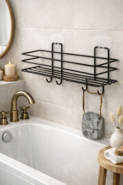 KARTEYA Yapışkanlı 4 Kancalı Banyo Rafı Mat Siyah Banyo Şampuanlık Duşakabin Duş Askısı