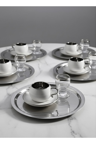 SİNİ Paslanmaz Çelik 6 Adet Yuvarlak Lüx Desenli Gümüş Ad-15 Kahve, Çay Sunum...