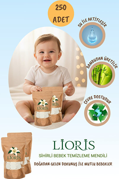 LİORİS Sıkıştırılmış Doğal Alkolsüz Bebek Temizleme Mendili-250 adet Tablet M...
