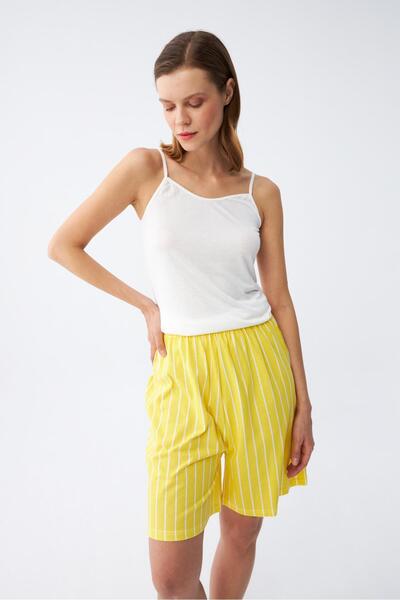 Akbeniz Kadın İp Askılı Pamuk Penye Şortlu Takım Sarı 3620