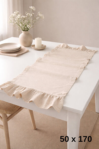 MZN Home 2 Kenar Fırfırlı Bej Keten Runner 50x170 cm – %100 Doğal Pamuk